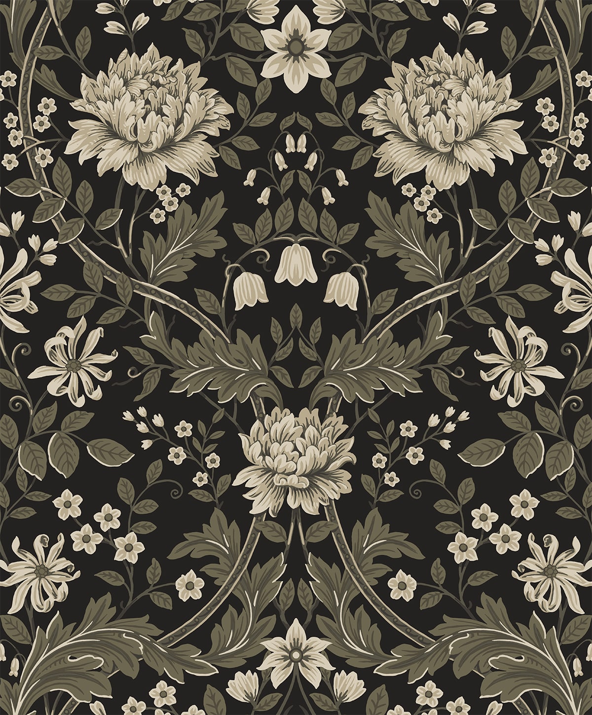 Honeysuckle Trail peel and stick wallpaper with vintage floral motif in ebony black with pavestone beige and olive accents.