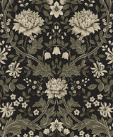 Honeysuckle Trail peel and stick wallpaper with vintage floral motif in ebony black with pavestone beige and olive accents.