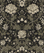 Honeysuckle Trail peel and stick wallpaper with vintage floral motif in ebony black with pavestone beige and olive accents.