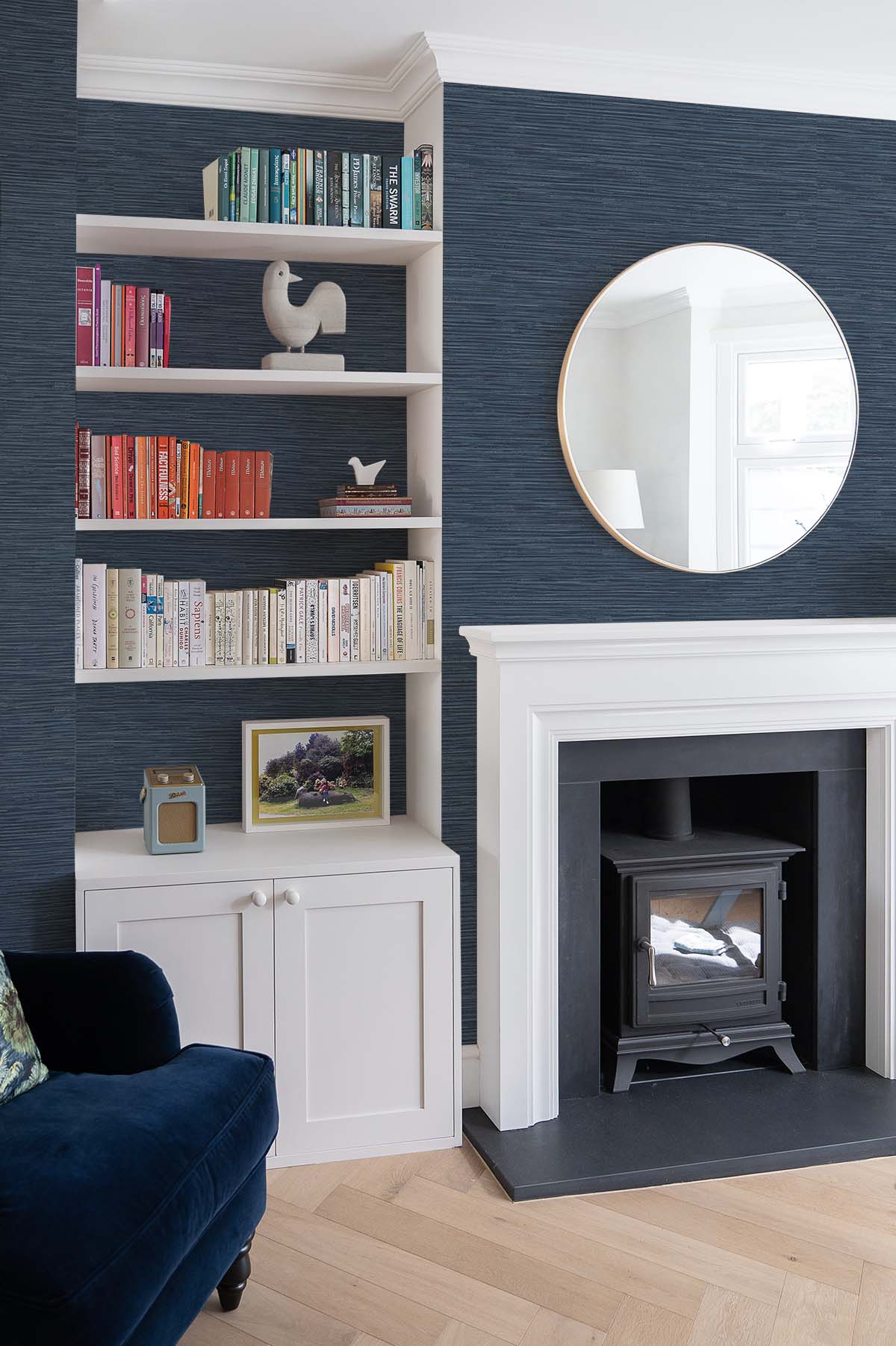 Cyrus Faux Grasscloth Naval Blue & Metallic Silver by NextWall Peel & Stick Faux Grasscloth Wallpaper – NextWall NW44702-Sample