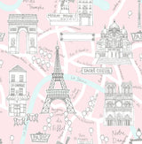 Pale pink illustrated Paris landmarks peel and stick wallpaper with Eiffel Tower, Arc de Triomphe and Sacre Coeur