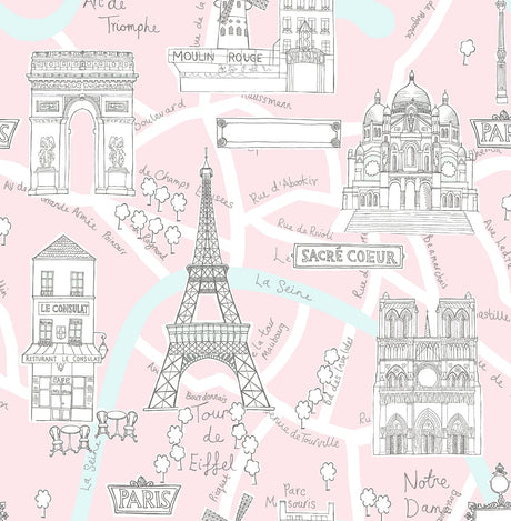 Pale pink illustrated Paris landmarks peel and stick wallpaper with Eiffel Tower, Arc de Triomphe and Sacre Coeur