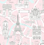 Pale pink illustrated Paris landmarks peel and stick wallpaper with Eiffel Tower, Arc de Triomphe and Sacre Coeur