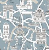 Paris Scene peel and stick wallpaper in smokey blue featuring illustrated Paris landmarks and map streets.
