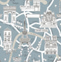 Paris Scene peel and stick wallpaper in smokey blue featuring illustrated Paris landmarks and map streets.