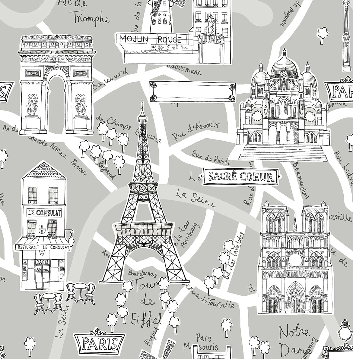 Paris Scene peel and stick wallpaper in Argos Grey with illustrated Paris landmarks and street names