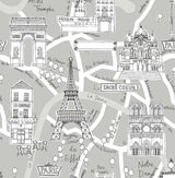 Paris Scene peel and stick wallpaper in Argos Grey with illustrated Paris landmarks and street names