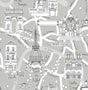 Paris Scene peel and stick wallpaper in Argos Grey with illustrated Paris landmarks and street names