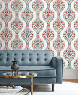 Floral Ogee Rose Pink & Spruce by NextWall Peel & Stick Peel & Stick Wallpaper – NextWall NW45001