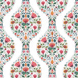 Floral ogee peel and stick wallpaper pattern in rose pink and spruce green on a white background.