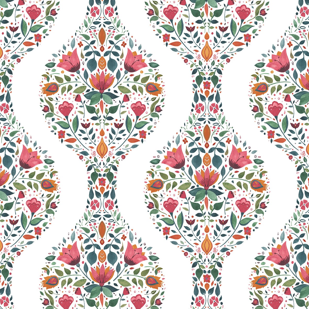 Floral ogee peel and stick wallpaper pattern in rose pink and spruce green on a white background.