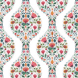 Floral ogee peel and stick wallpaper pattern in rose pink and spruce green on a white background.