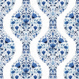 Blue and white floral ogee peel and stick wallpaper pattern