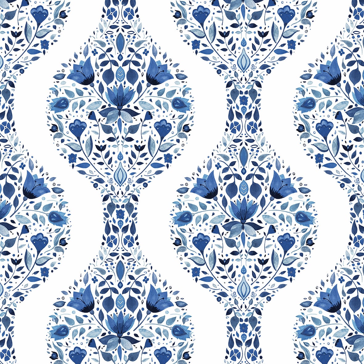 Blue and white floral ogee peel and stick wallpaper pattern