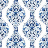 Blue and white floral ogee peel and stick wallpaper pattern