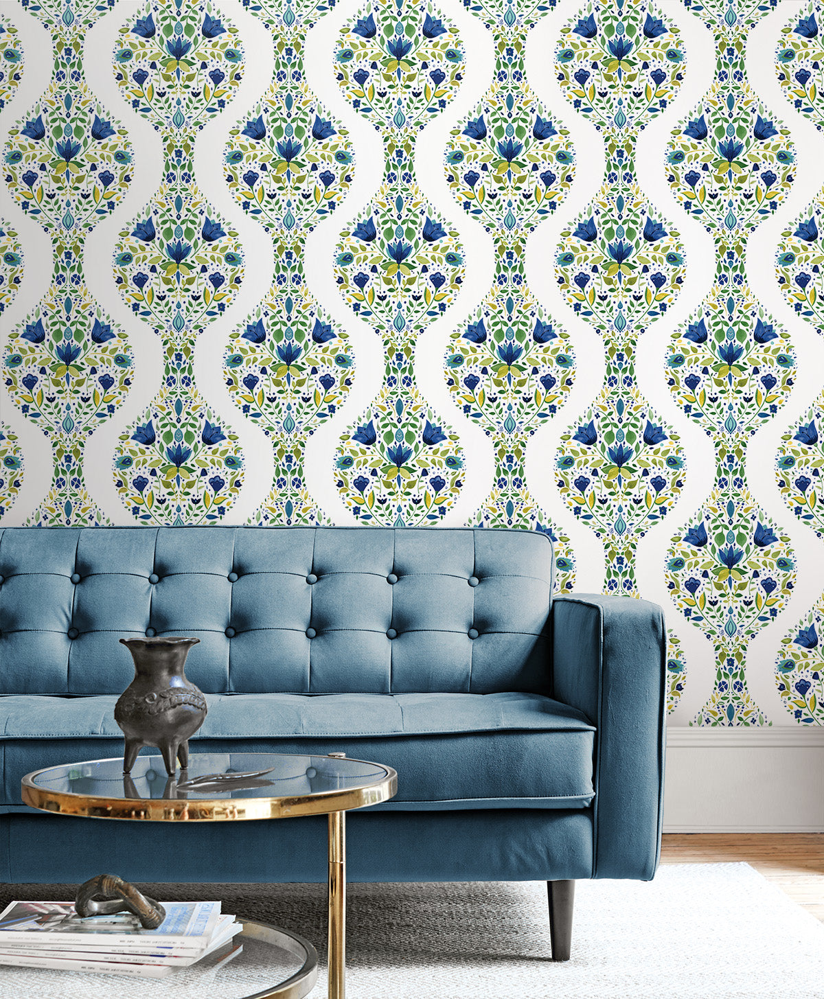 Floral Ogee Cobalt & Spring Green by NextWall Peel & Stick Floral Ogee Peel & Stick Wallpaper – NextWall NW45004