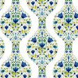 Floral Ogee peel and stick wallpaper pattern in cobalt blue and spring green watercolor florals on white background