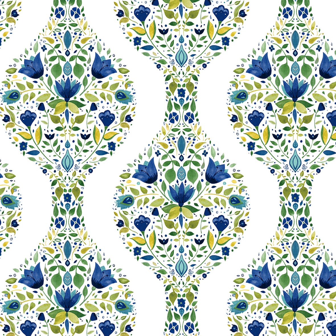 Floral Ogee peel and stick wallpaper pattern in cobalt blue and spring green watercolor florals on white background