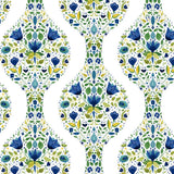 Floral Ogee peel and stick wallpaper pattern in cobalt blue and spring green watercolor florals on white background