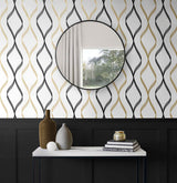 Ogee Ribbon Metallic Gold & Ebony by NextWall Peel & Stick Geometric Ogee Peel & Stick Wallpaper – NextWall NW45100