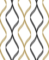 Ogee Ribbon peel and stick wallpaper in metallic gold and ebony with a modern geometric ogee ribbon pattern.