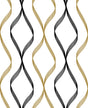 Ogee Ribbon peel and stick wallpaper in metallic gold and ebony with a modern geometric ogee ribbon pattern.