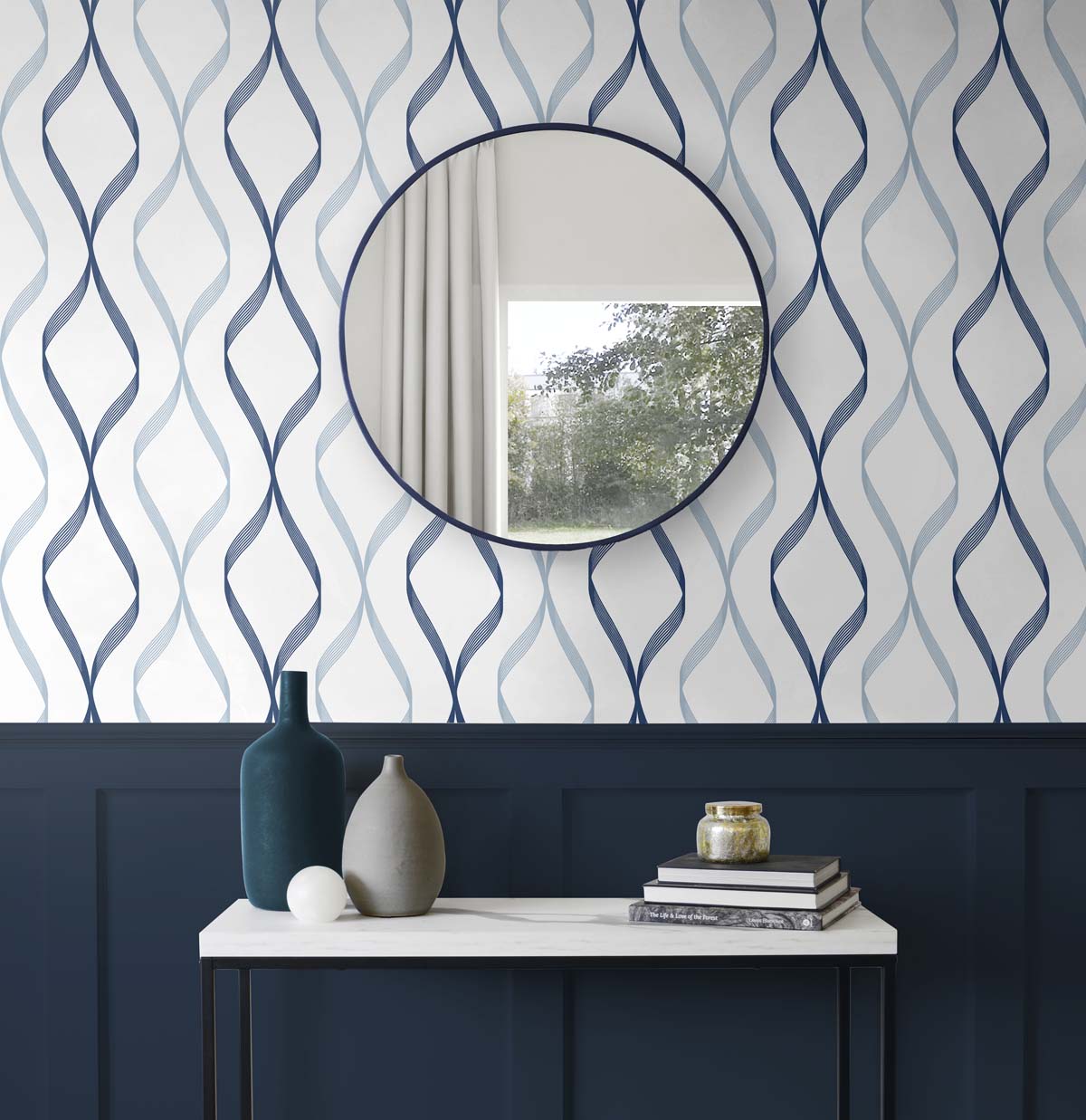 Ogee Ribbon Celtic Blue & Dewdrop by NextWall Peel & Stick Geometric Wallpaper – NextWall NW45102