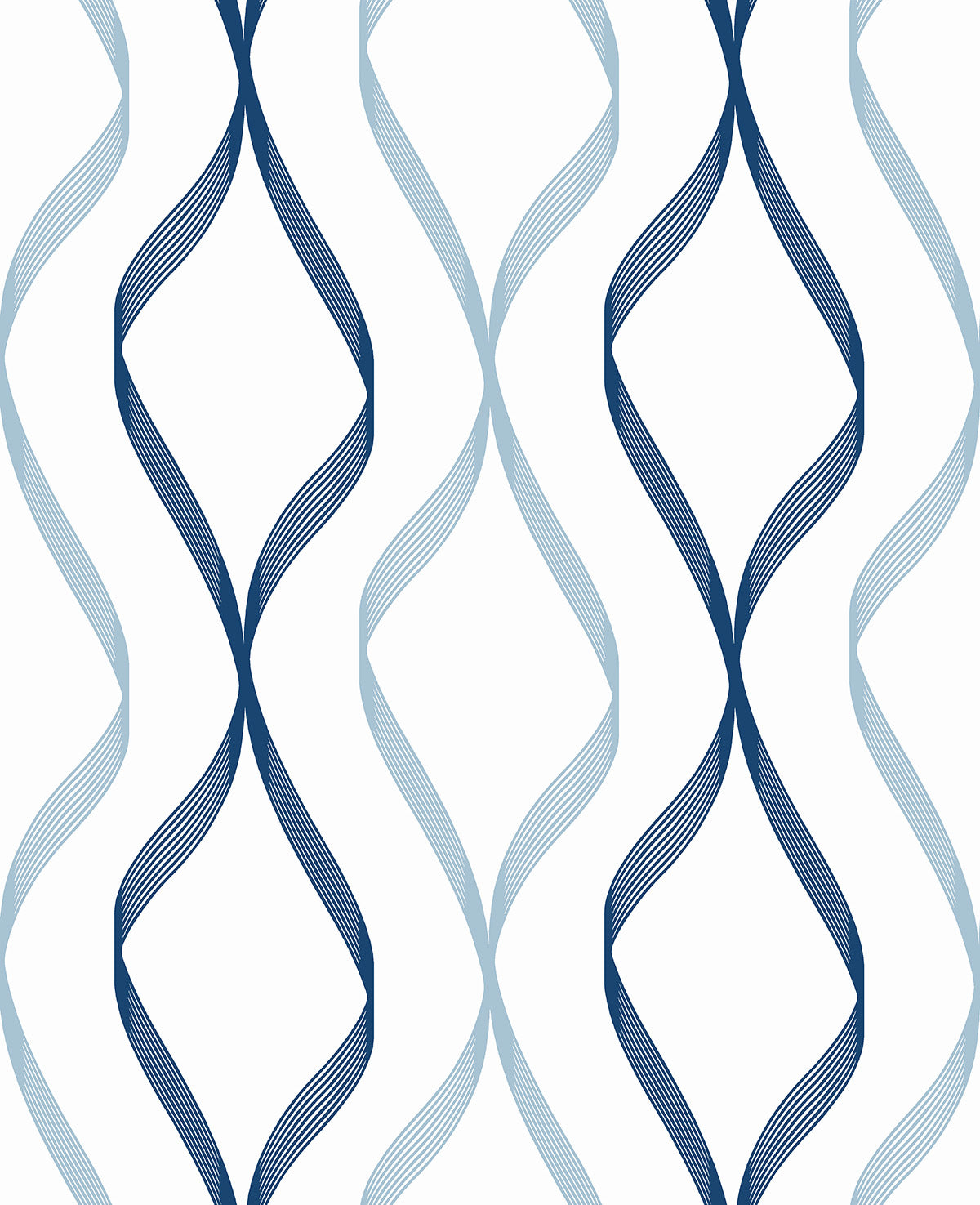 Ogee Ribbon peel and stick wallpaper in Celtic Blue and Dewdrop geometric ogee ribbon pattern