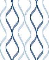 Ogee Ribbon peel and stick wallpaper in Celtic Blue and Dewdrop geometric ogee ribbon pattern