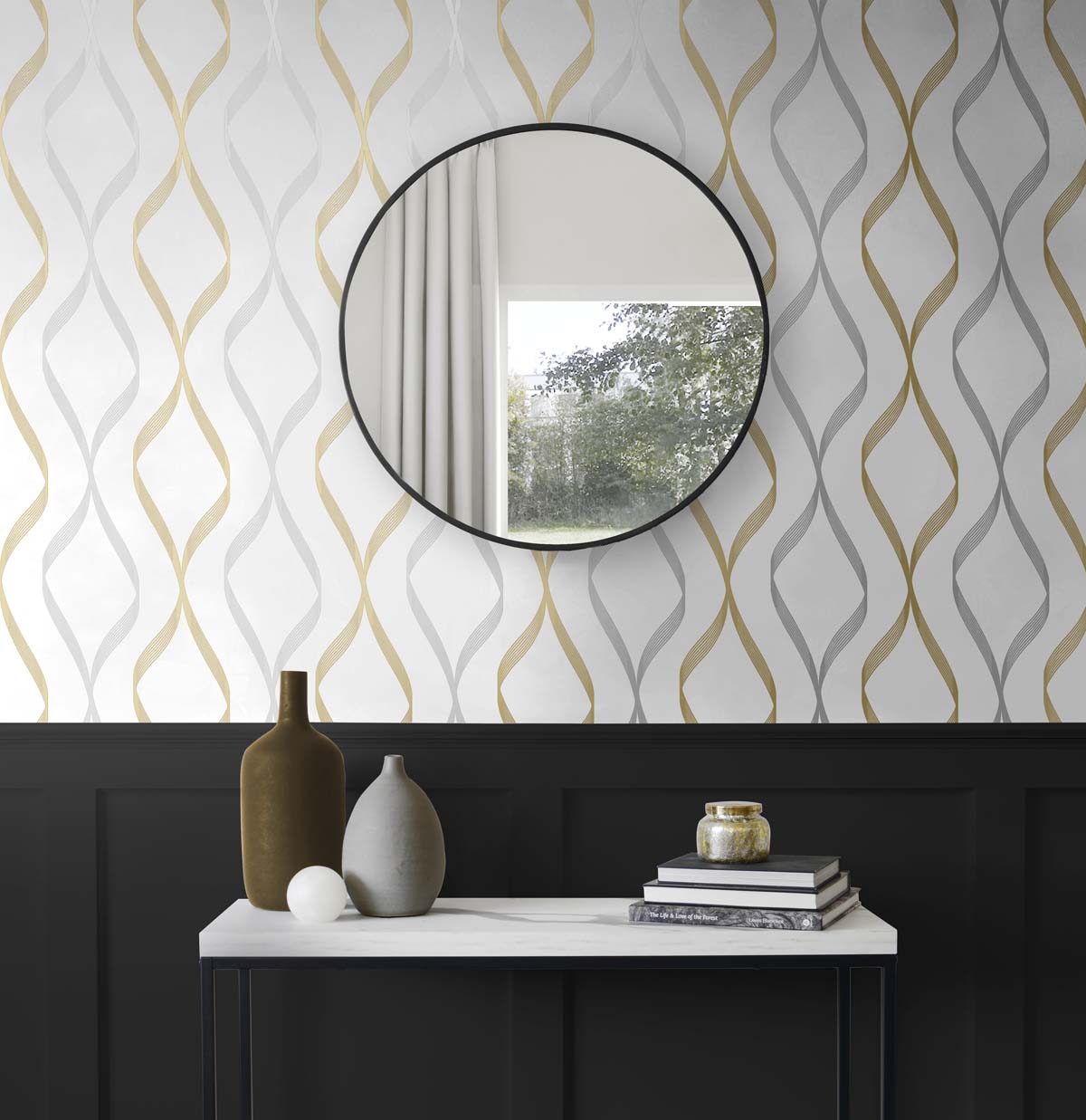 Ogee Ribbon Silver & Gold by NextWall Peel & Stick Metallic Geometric Peel & Stick Wallpaper – NextWall NW45105