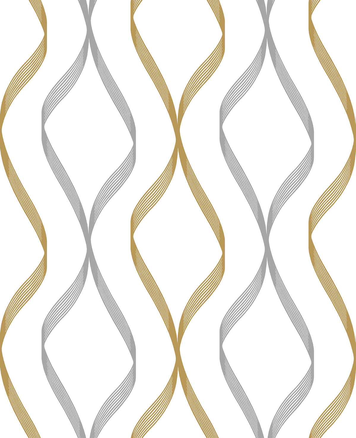 Ogee Ribbon peel and stick wallpaper in silver and gold metallic geometric ribbon ogee pattern