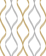 Ogee Ribbon peel and stick wallpaper in silver and gold metallic geometric ribbon ogee pattern