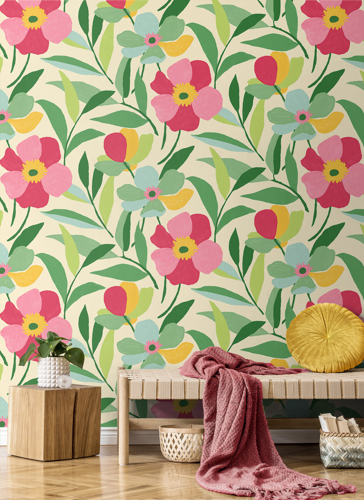 Garden Block Floral Pink & Kelly Green by NextWall Peel & Stick Floral Wallpaper – NextWall NW45301