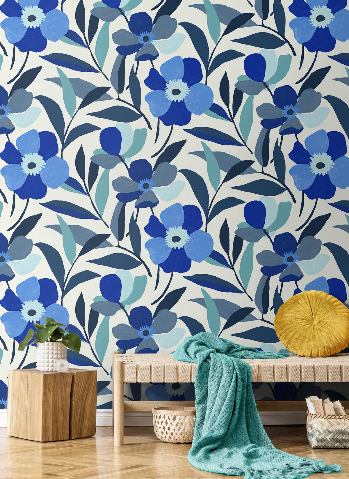 Garden Block Floral Cobalt Blue & Lagoon by NextWall Peel & Stick Floral Wallpaper – NextWall NW45302