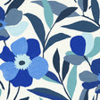 Garden Block Floral peel and stick wallpaper in cobalt blue and lagoon with oversized painterly flowers and leafy stems on an off-white ground.
