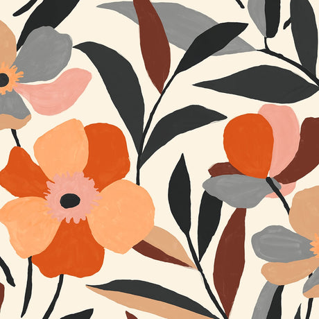 Garden Block Floral peel and stick wallpaper in orange, ebony, blush, and gray on a warm white ground