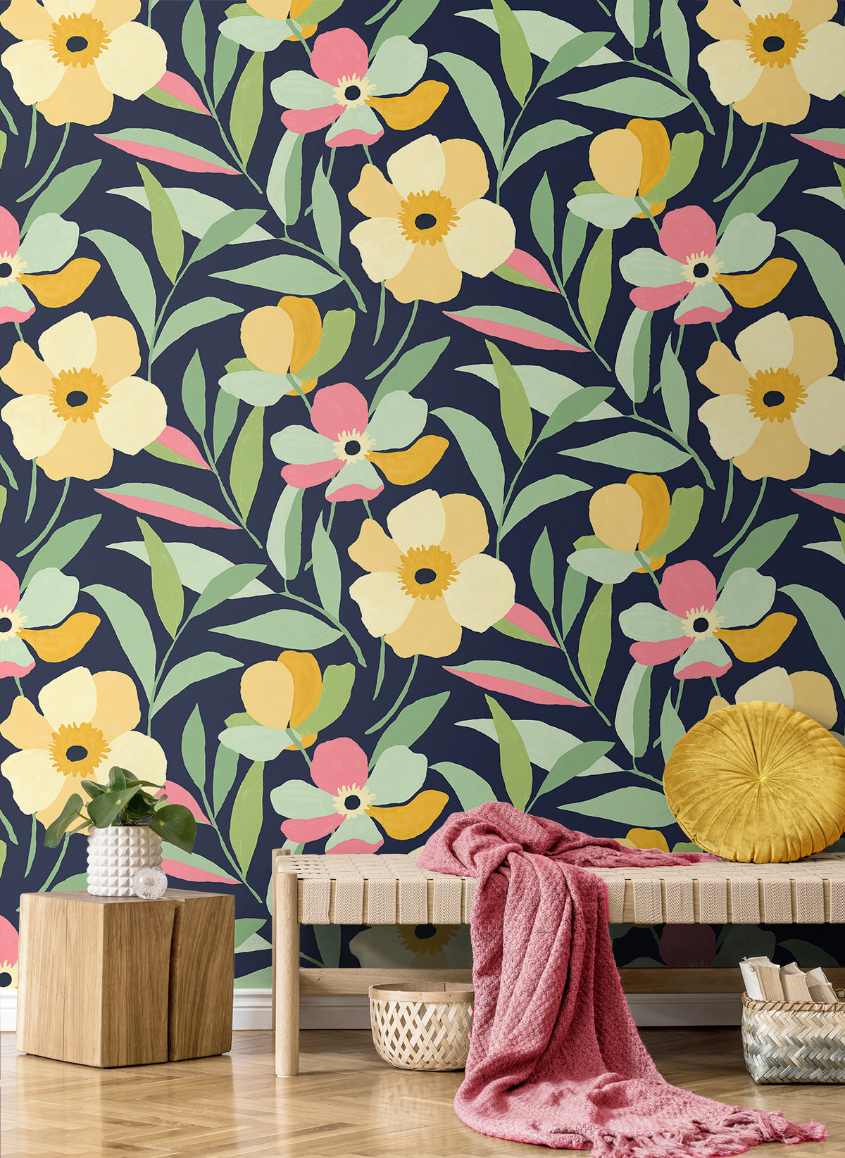 Garden Block Floral Deep Navy & Pastels by NextWall Peel & Stick Floral Wallpaper – NextWall NW45309