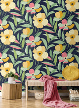 Garden Block Floral Deep Navy & Pastels by NextWall Peel & Stick Floral Wallpaper – NextWall NW45309