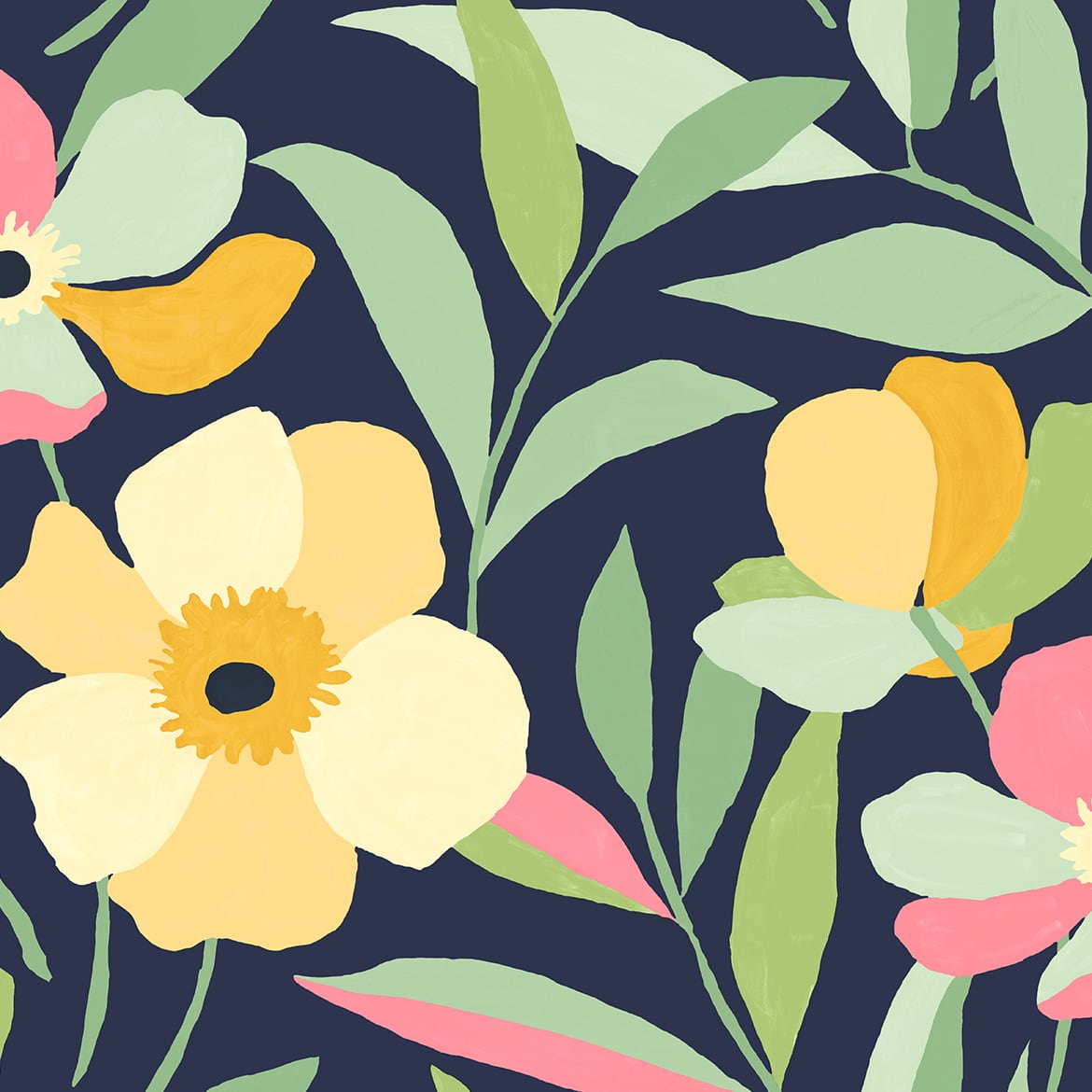 Garden Block Floral peel and stick wallpaper in deep navy with pastel florals