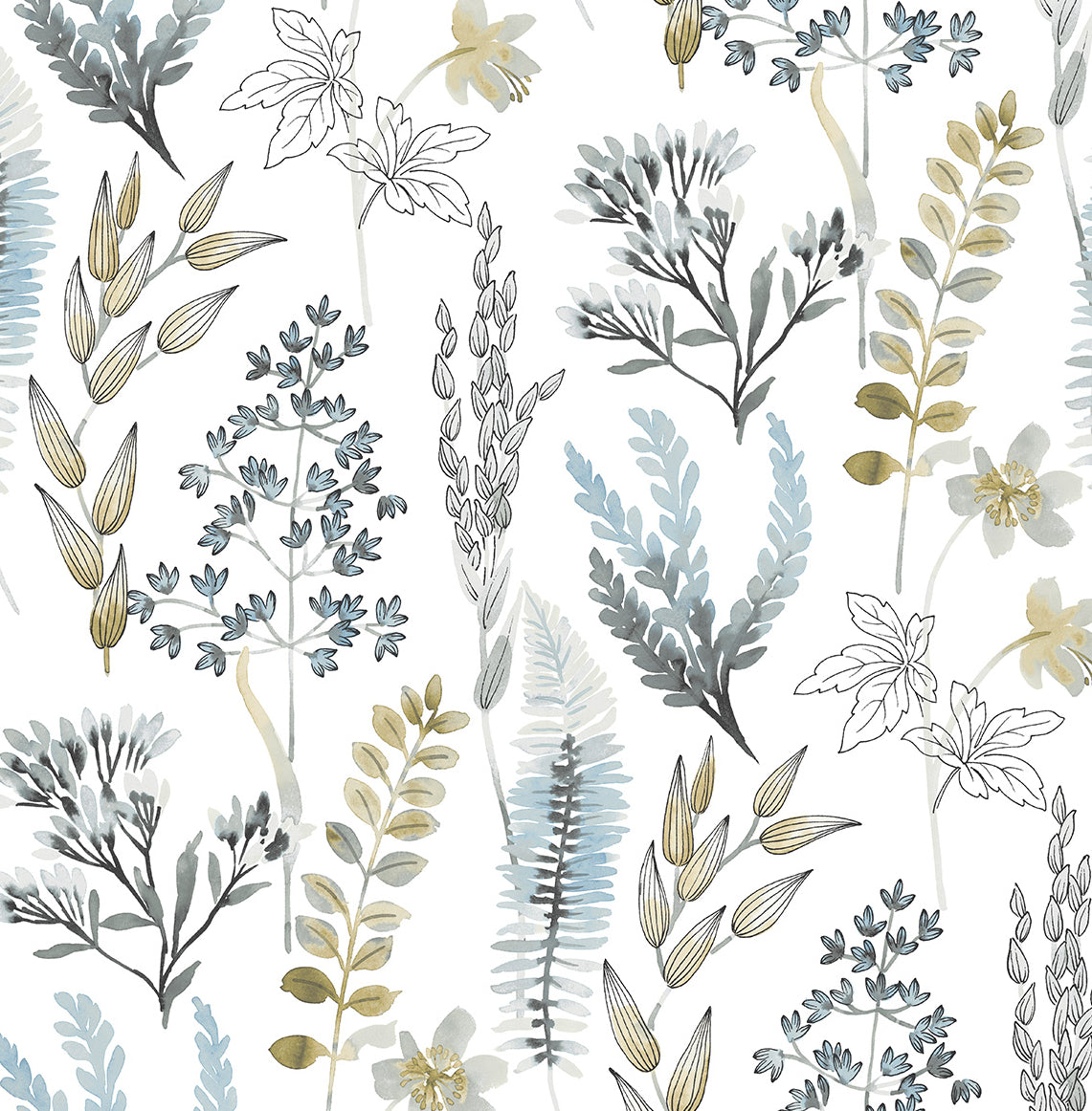 Wild Garden peel and stick wallpaper with watercolor botanical sprigs in glacier blue with matte brass accents on a white ground.