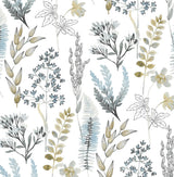 Wild Garden peel and stick wallpaper with watercolor botanical sprigs in glacier blue with matte brass accents on a white ground.