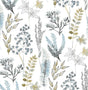 Wild Garden peel and stick wallpaper with watercolor botanical sprigs in glacier blue with matte brass accents on a white ground.