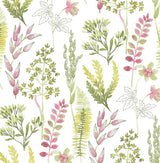 Wild Garden peel and stick wallpaper pattern with botanical sprigs in lemongrass green and posy pink on a white background