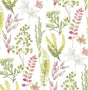 Wild Garden peel and stick wallpaper pattern with botanical sprigs in lemongrass green and posy pink on a white background