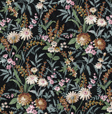 Vintage Floral peel and stick wallpaper in Onyx black with soft pink, cream, and green botanical flowers