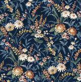 Vintage Floral peel and stick wallpaper in navy blue with vintage-style wildflowers