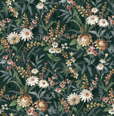 Vintage Floral peel and stick wallpaper in forest green with multicolor wildflowers
