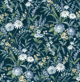 Teal vintage floral peel and stick wallpaper with white and blue wildflowers and leafy stems