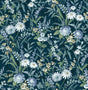 Teal vintage floral peel and stick wallpaper with white and blue wildflowers and leafy stems