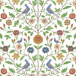 Bird Toile peel and stick wallpaper with colorful birds and floral vines on a white background